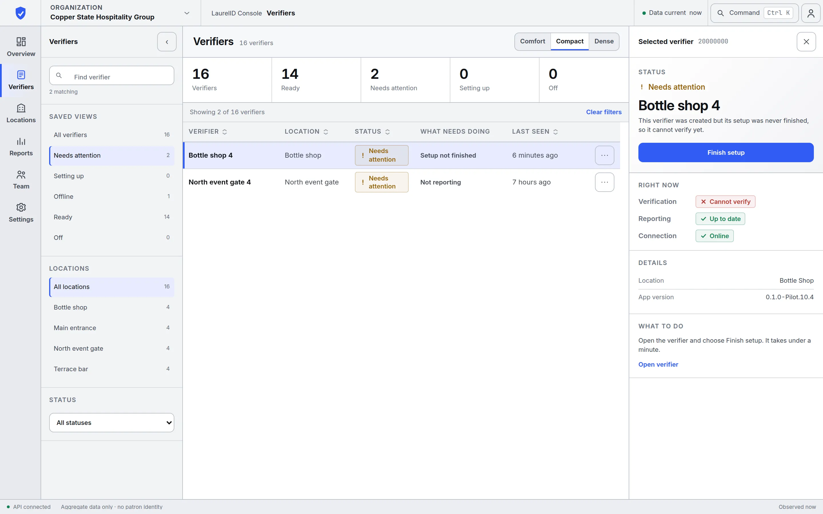 LaurelID Console Verifiers page for an illustrative organization: a list filtered to two verifiers that need attention, one with setup not finished and one not reporting, and a side panel showing Verification, Reporting and Connection for the selected verifier with a Finish setup button.